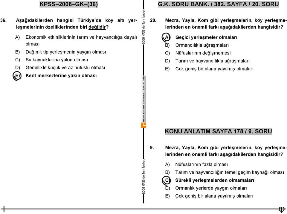 yakın olması 20. Mezra, Yayla, Kom gibi yerleşmelerin, köy yerleşmelerinden en önemli farkı aşağıdakilerden hangisidir?