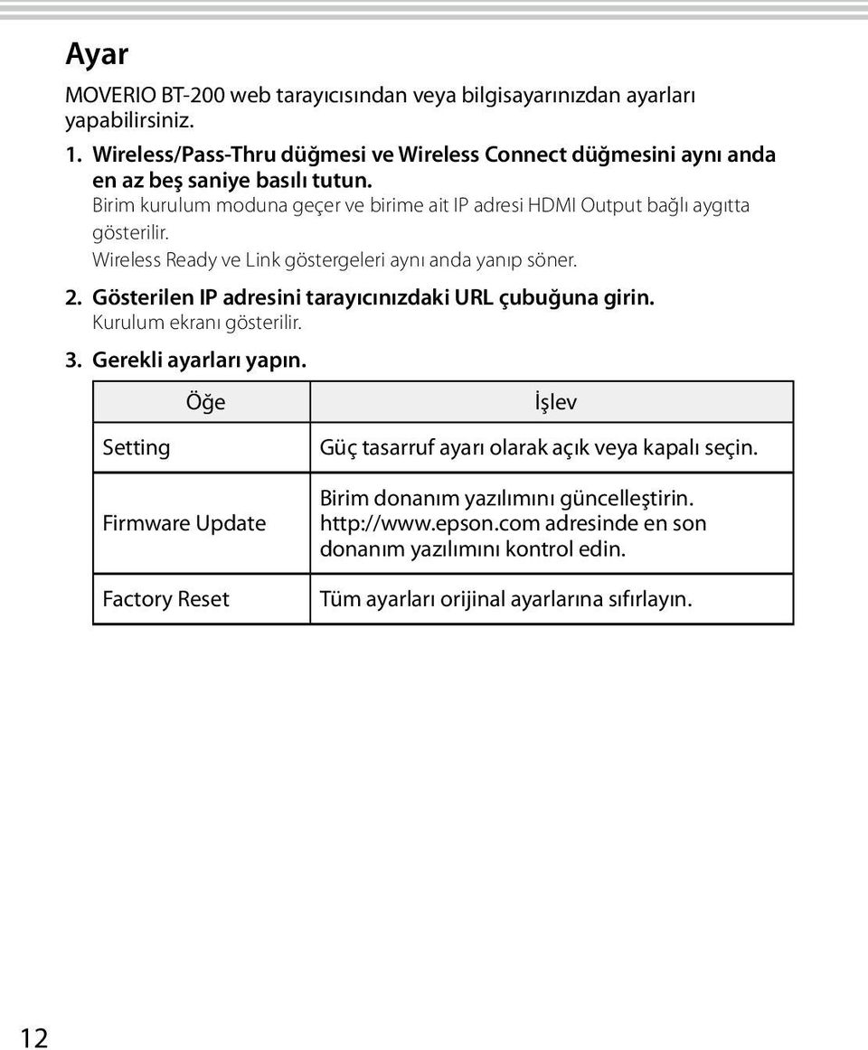 Birim kurulum moduna geçer ve birime ait IP adresi HDMI Output bağlı aygıtta gösterilir. Wireless Ready ve Link göstergeleri aynı anda yanıp söner. 2.