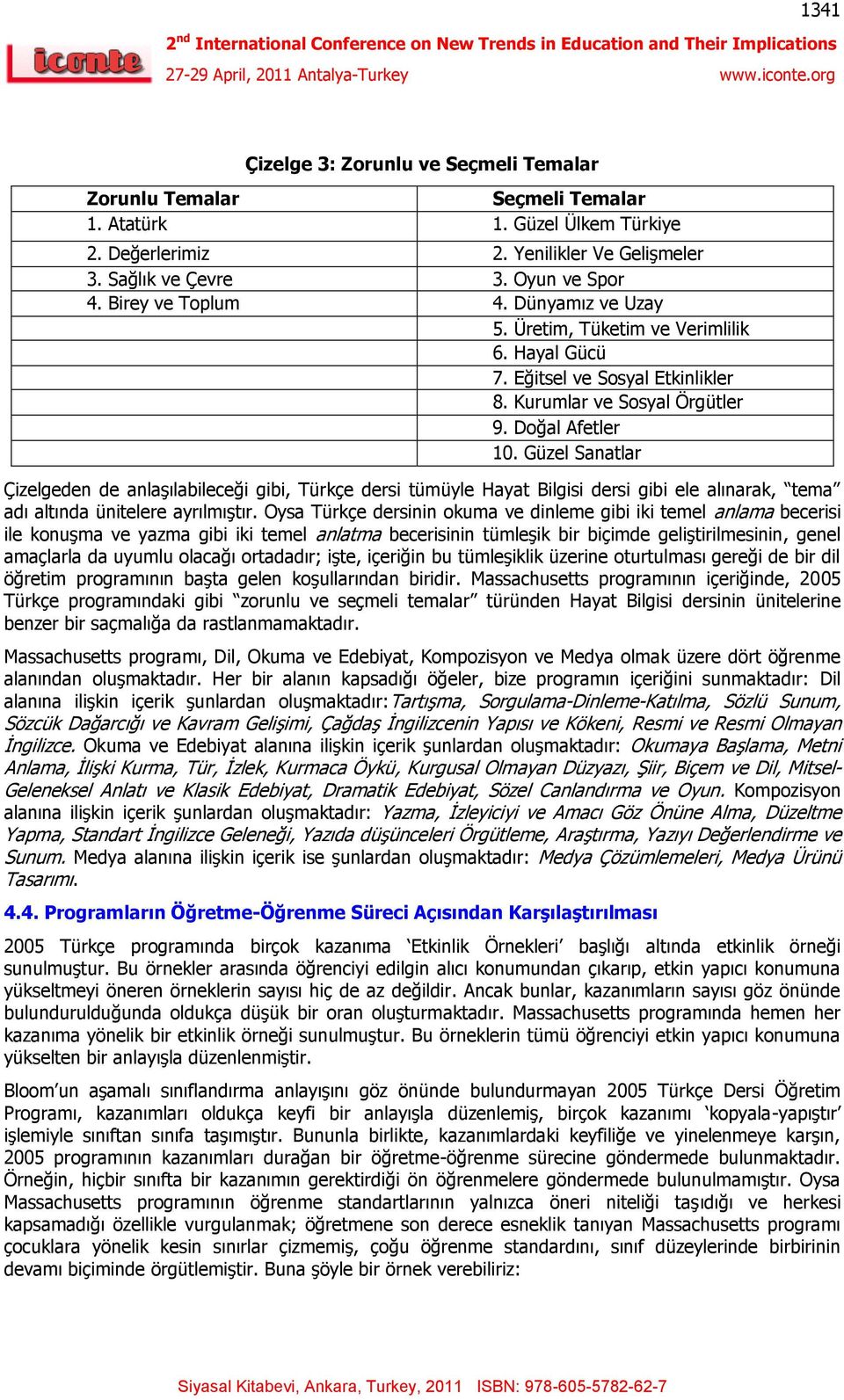 Güzel Sanatlar Çizelgeden de anlaģılabileceği gibi, Türkçe dersi tümüyle Hayat Bilgisi dersi gibi ele alınarak, tema adı altında ünitelere ayrılmıģtır.