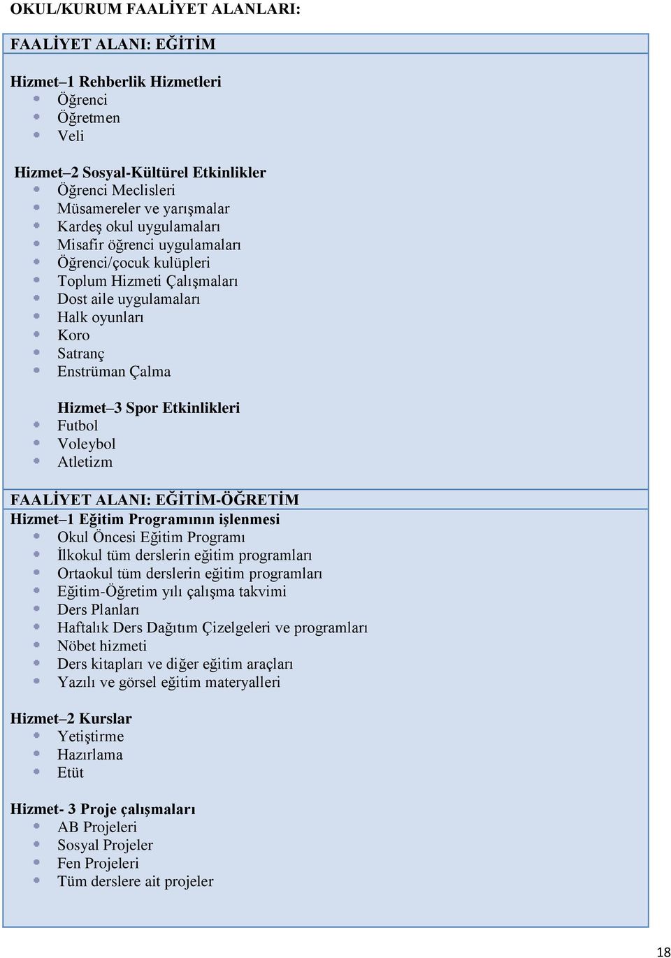 Voleybol Atletizm FAALİYET ALANI: EĞİTİMÖĞRETİM Hizmet Eğitim Programının işlenmesi Okul Öncesi Eğitim Programı İlkokul tüm derslerin eğitim programları Ortaokul tüm derslerin eğitim programları