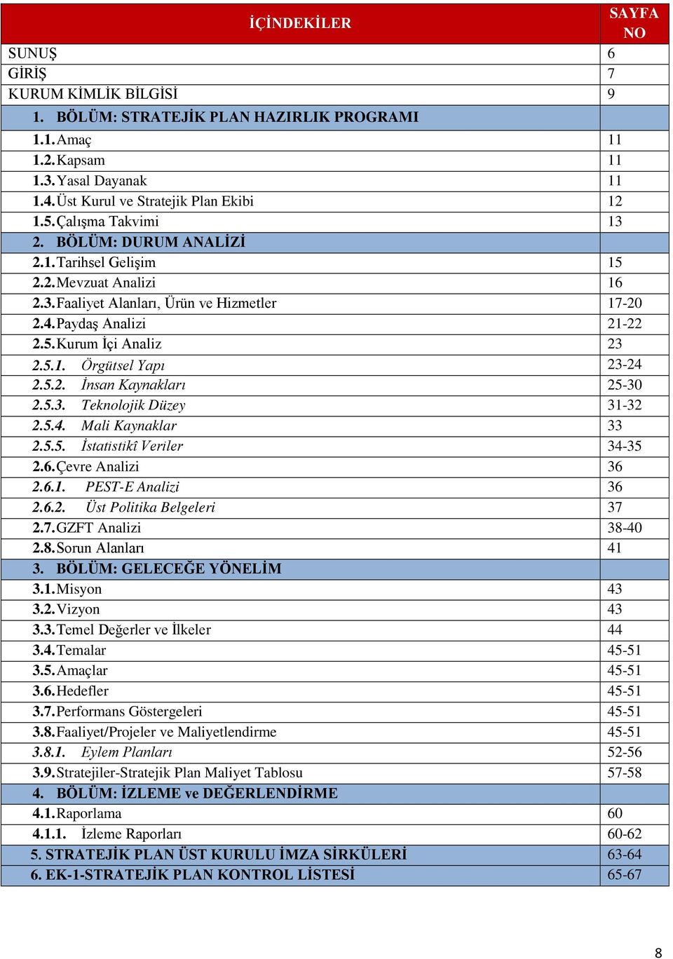 5.5. İstatistikî Veriler.6. Çevre Analizi.6.. PESTE Analizi.6.. Üst Politika Belgeleri.7. GZFT Analizi.8. Sorun Alanları 3. BÖLÜM: GELECEĞE YÖNELİM 3.. Misyon 3.. Vizyon 3.3. Temel Değerler ve İlkeler 3.