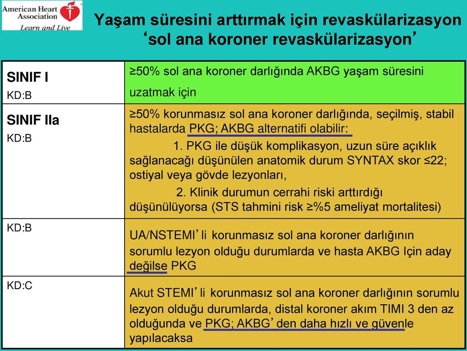 PKG ile düşük komplikasyon, uzun süre açıklık sağlanacağı düşünülen anatomik durum SYNTAX skor 22; ostiyal veya gövde lezyonları, 2.