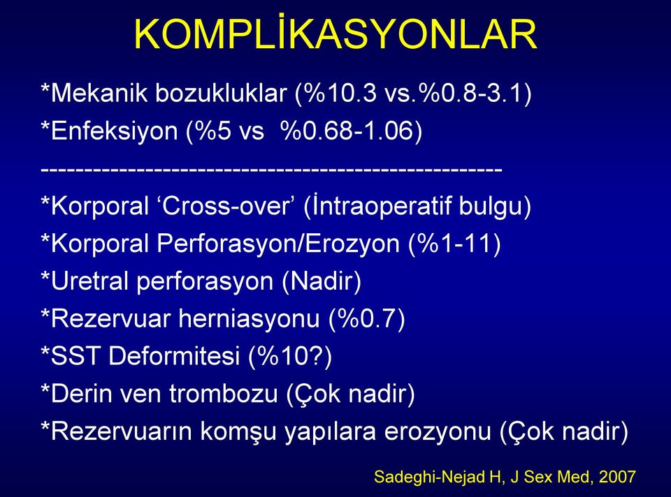 *Korporal Perforasyon/Erozyon (%1-11) *Uretral perforasyon (Nadir) *Rezervuar herniasyonu (%0.