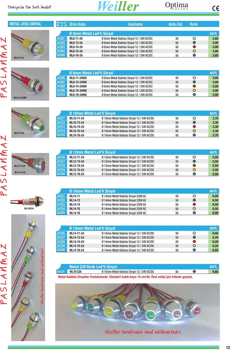 A230 A23 Ø 8mm Metal Led li Sinyal WL8-7-24 Ø 8mm Metal Kablolu Sinyal 2 / 24V AC/DC WL8-73-24 Ø 8mm Metal Kablolu Sinyal 2 / 24V AC/DC WL8-74-24 Ø 8mm Metal Kablolu Sinyal 2 / 24V AC/DC WL8-75-24 Ø