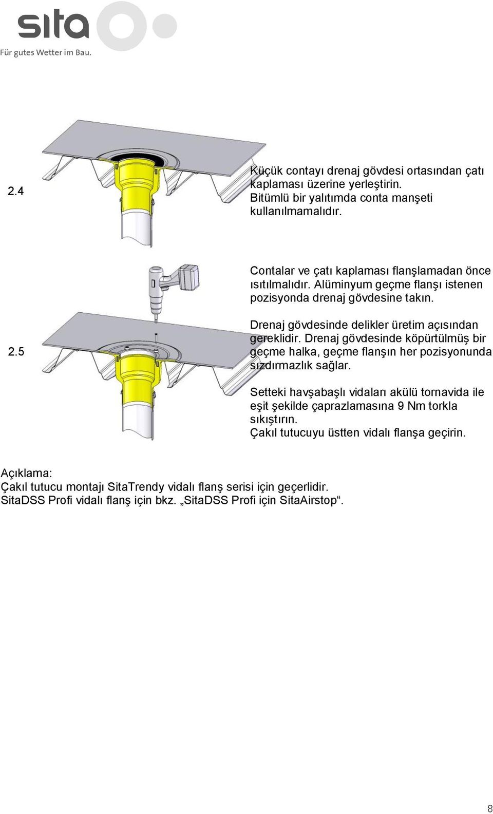 5 Drenaj gövdesinde delikler üretim açısından gereklidir. Drenaj gövdesinde köpürtülmüş bir geçme halka, geçme flanşın her pzisynunda sızdırmazlık sağlar.