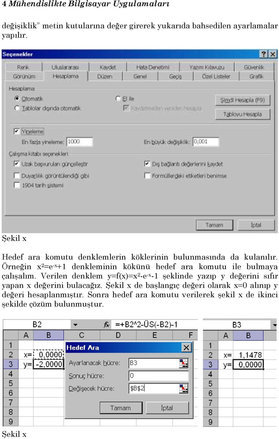 Örneğin x 2 =e -x +1 denkleminin kökünü hedef ara komutu ile bulmaya çalışalım.