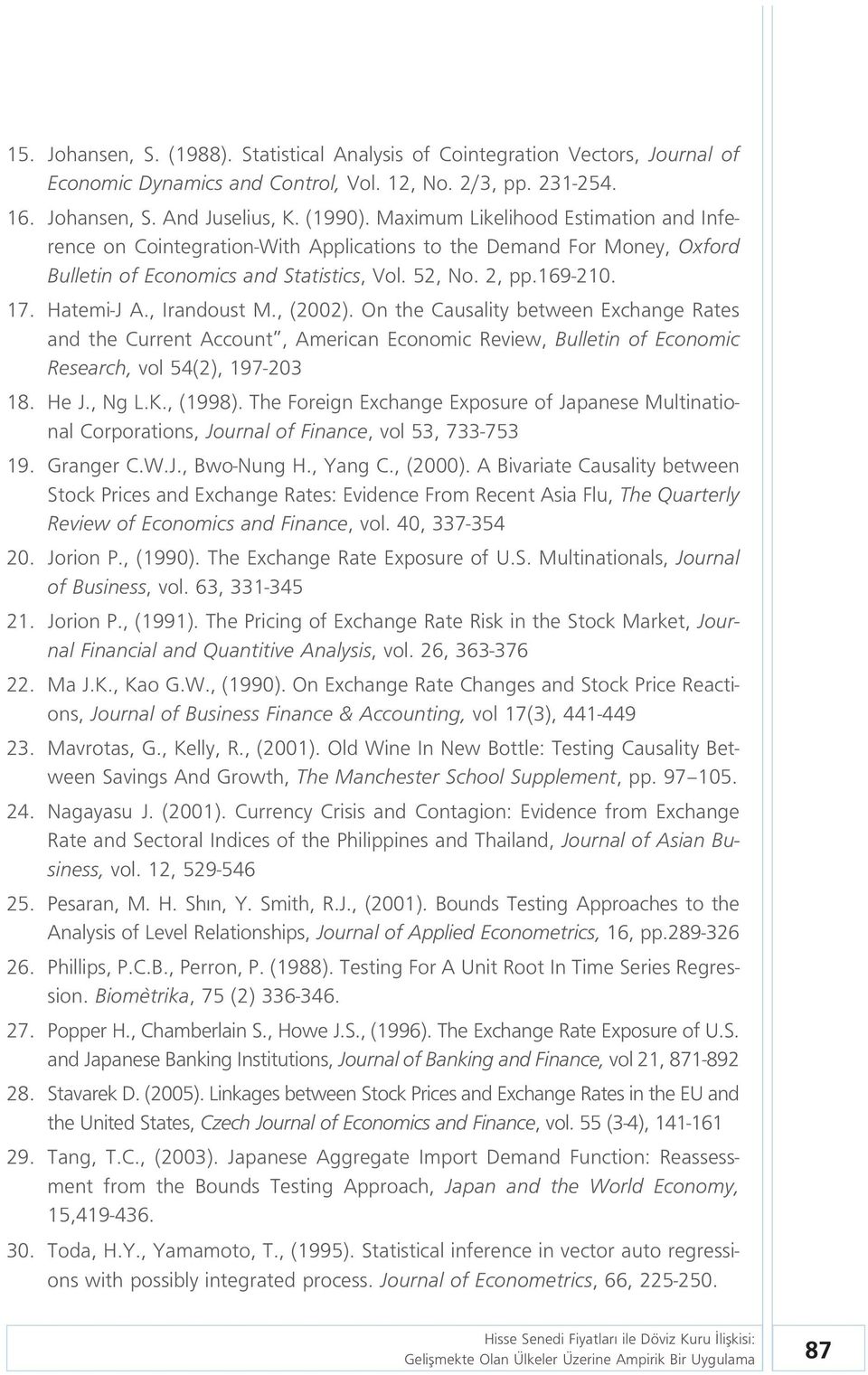 , Irandoust M., (2002). On the Causality between Exchange Rates and the Current Account, American Economic Review, Bulletin of Economic Research, vol 54(2), 197-203 18. He J., Ng L.K., (1998).