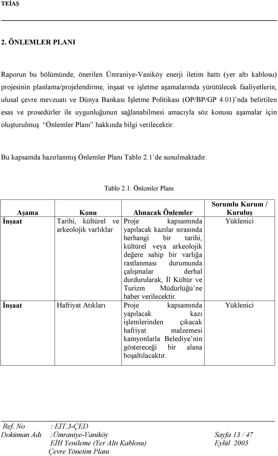 01) nda belirtilen esas ve prosedürler ile uygunluğunun sağlanabilmesi amacıyla söz konusu aşamalar için oluşturulmuş Önlemler Planı hakkında bilgi verilecektir.