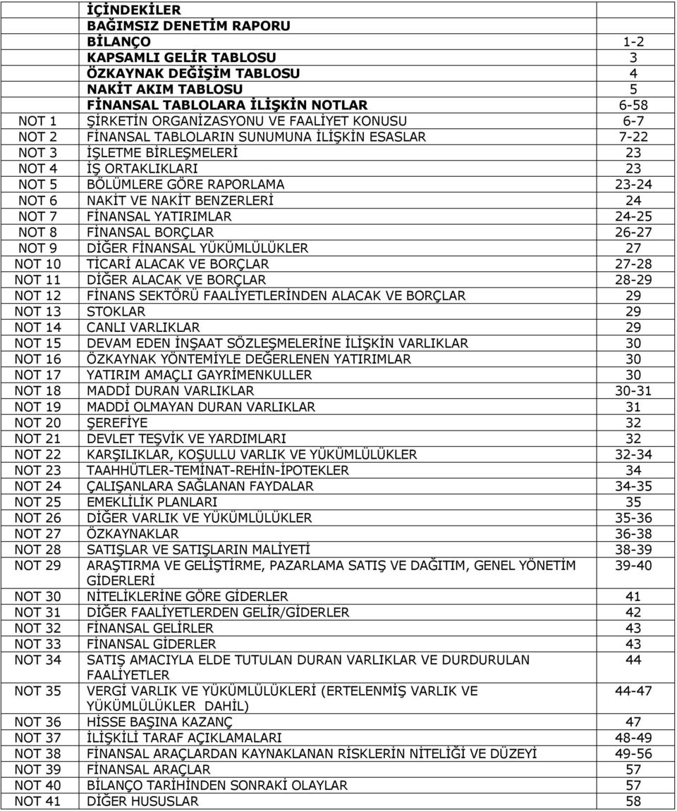 YATIRIMLAR 24-25 NOT 8 FİNANSAL BORÇLAR 26-27 NOT 9 DİĞER FİNANSAL YÜKÜMLÜLÜKLER 27 NOT 10 TİCARİ ALACAK VE BORÇLAR 27-28 NOT 11 DİĞER ALACAK VE BORÇLAR 28-29 NOT 12 FİNANS SEKTÖRÜ FAALİYETLERİNDEN