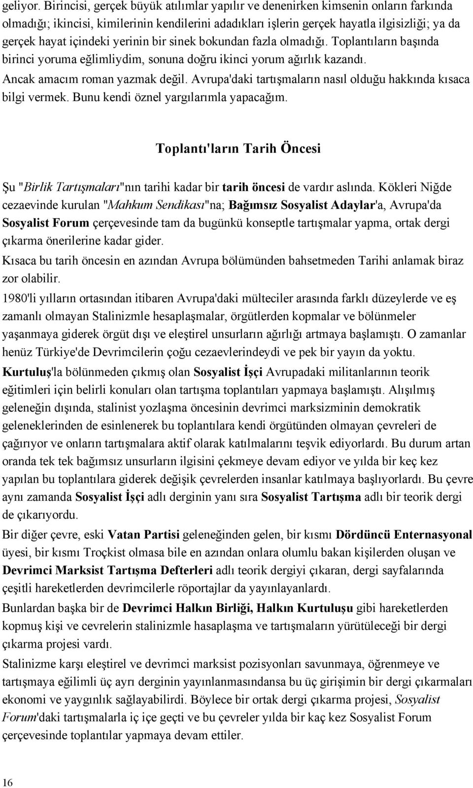 içindeki yerinin bir sinek bokundan fazla olmadığı. Toplantıların başında birinci yoruma eğlimliydim, sonuna doğru ikinci yorum ağırlık kazandı. Ancak amacım roman yazmak değil.