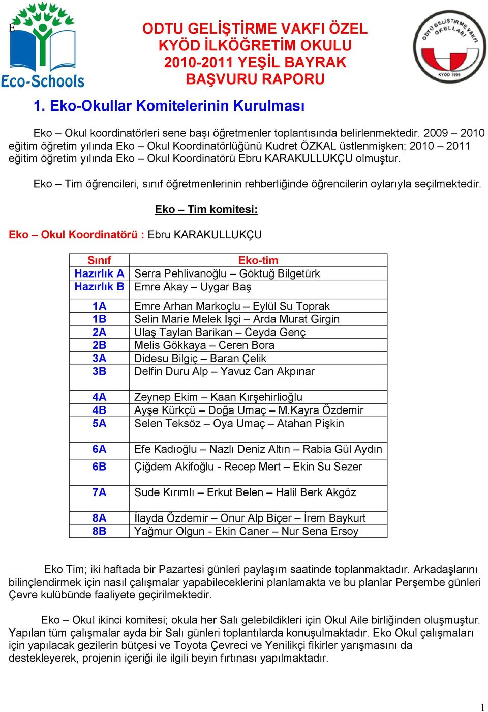 2009 2010 eğitim öğretim yılında Eko Okul Koordinatörlüğünü Kudret ÖZKAL üstlenmiģken; 2010 2011 eğitim öğretim yılında Eko Okul Koordinatörü Ebru KARAKULLUKÇU olmuģtur.