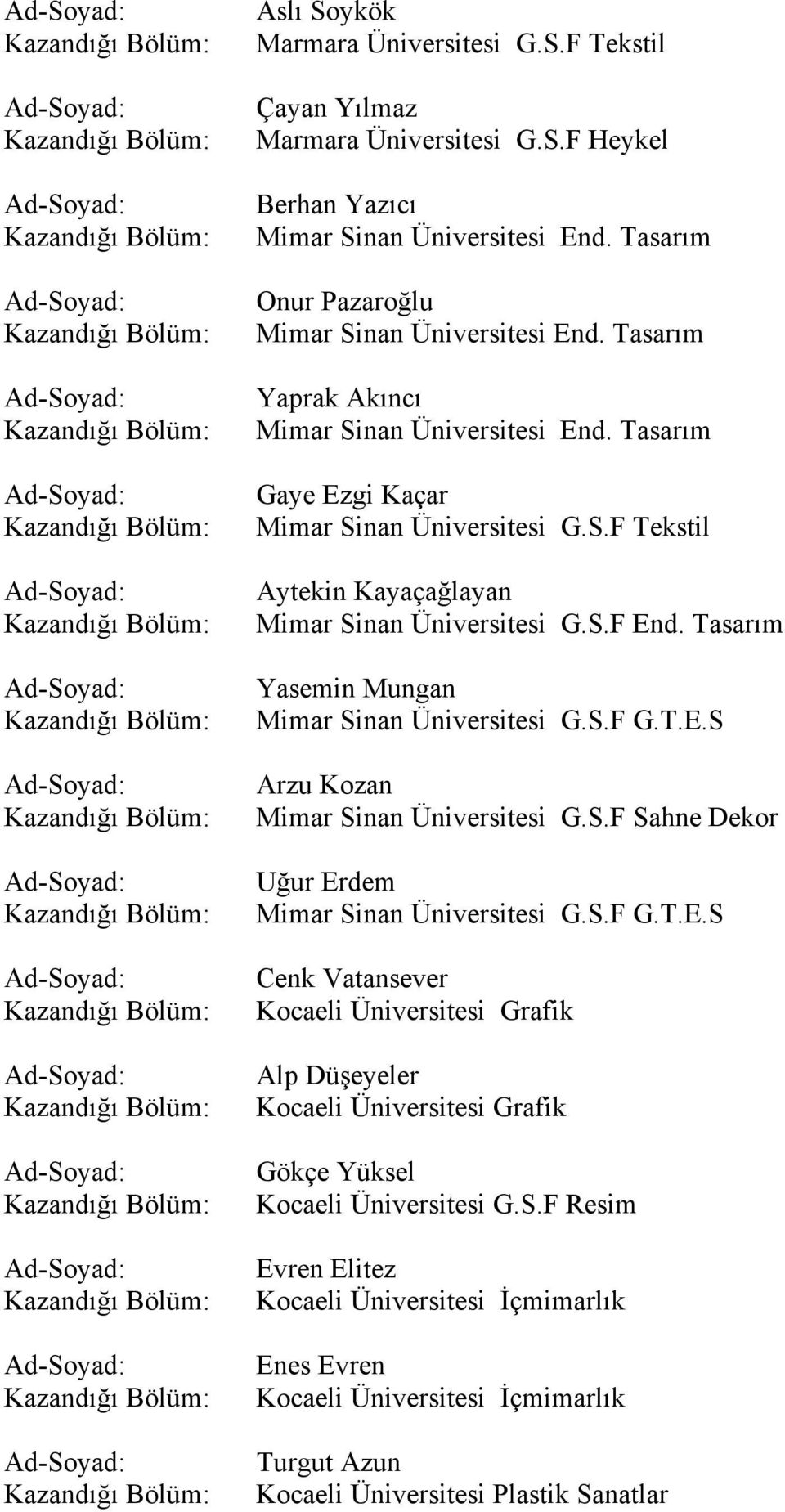 S.F G.T.E.S Arzu Kozan Mimar Sinan Üniversitesi G.S.F Sahne Dekor Uğur Erdem Mimar Sinan Üniversitesi G.S.F G.T.E.S Cenk Vatansever Kocaeli Üniversitesi Grafik Alp Düşeyeler Kocaeli Üniversitesi Grafik Gökçe Yüksel Kocaeli Üniversitesi G.