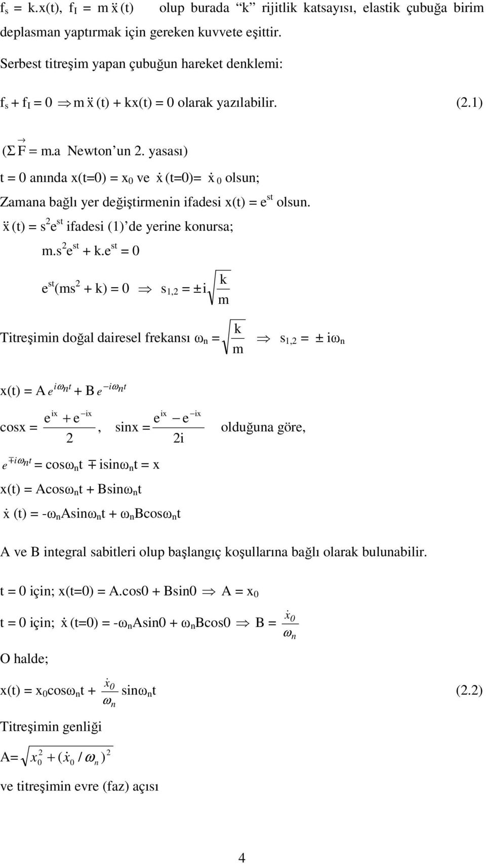 yasası) t = aıda x(t=) = x ve x& (t=)= x& olsu; Zamaa bağlı yer değştrme fades x(t) = e st olsu. & x& (t) = s e st fades () de yere koursa; m.s e st + k.