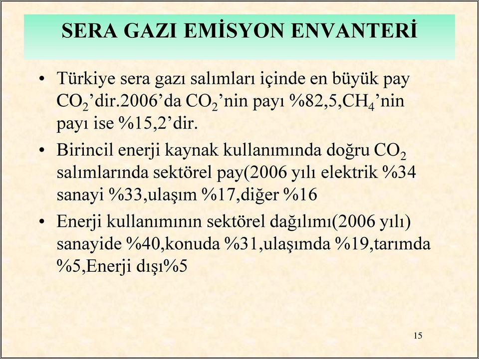 Birincil enerji kaynak kullanımında doğru CO 2 salımlarında sektörel pay(2006 yılı elektrik %34