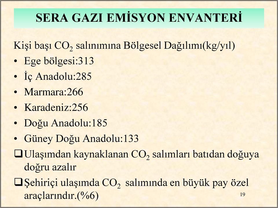 Anadolu:185 Güney Doğu Anadolu:133 Ulaşımdan kaynaklanan CO 2 salımları