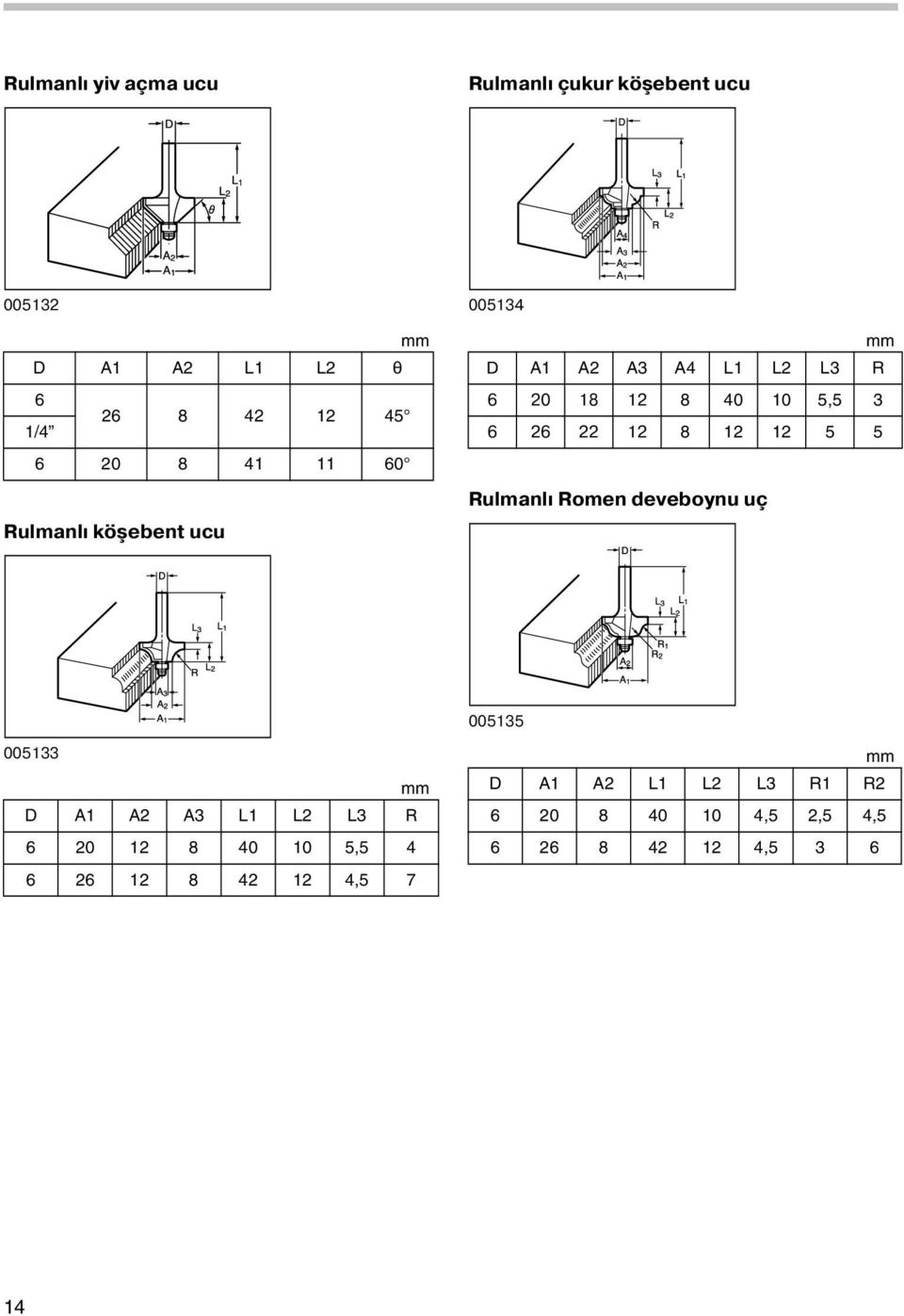 5,5 3 6 6 8 5 5 Rulmanlı Romen deveboynu uç 00535 00533 D A A A3 L L L3 R 6 0
