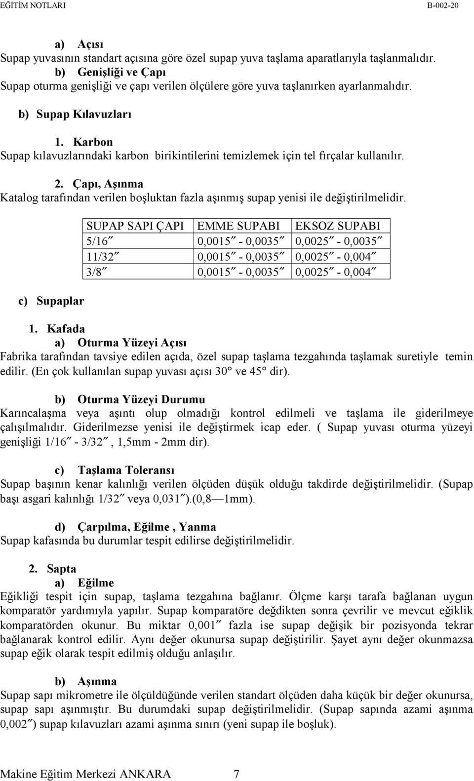 Karbon Supap kılavuzlarındaki karbon birikintilerini temizlemek için tel fırçalar kullanılır. 2. Çapı, Aşınma Katalog tarafından verilen boşluktan fazla aşınmış supap yenisi ile değiştirilmelidir.