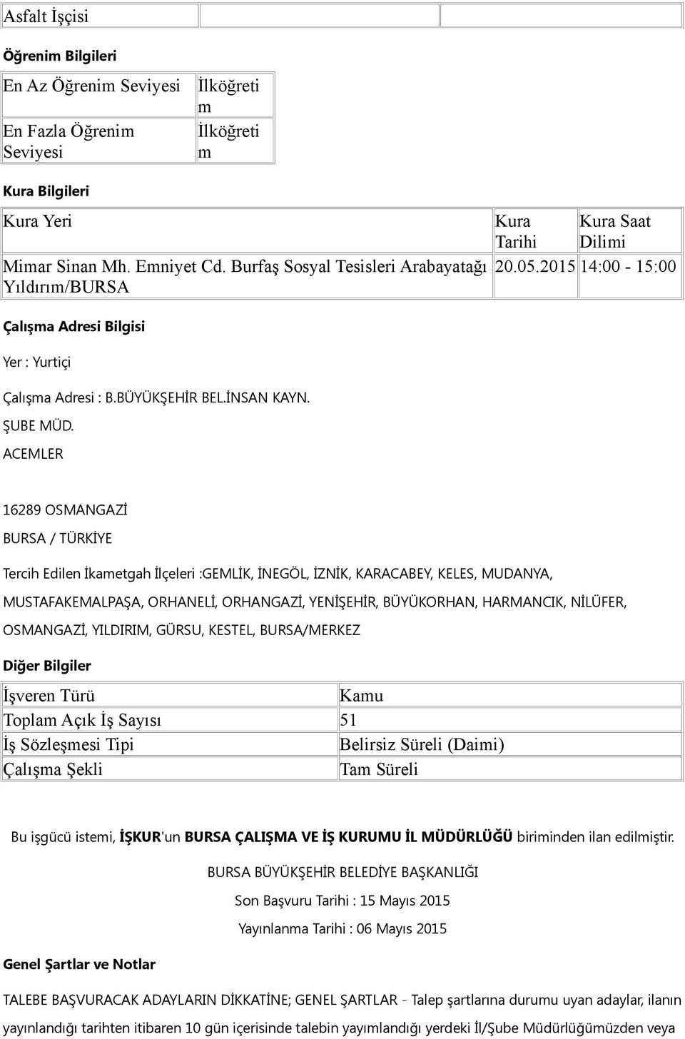 Tercih Edilen İkaetgah İlçeleri :GEMLİK, İNEGÖL, İZNİK, KARACABEY, KELES, MUDANYA, Kau Topla Açık İş Sayısı 51 İş Sözleşesi Tipi Belirsiz Süreli (Daii) Çalışa Şekli Ta Süreli Bu