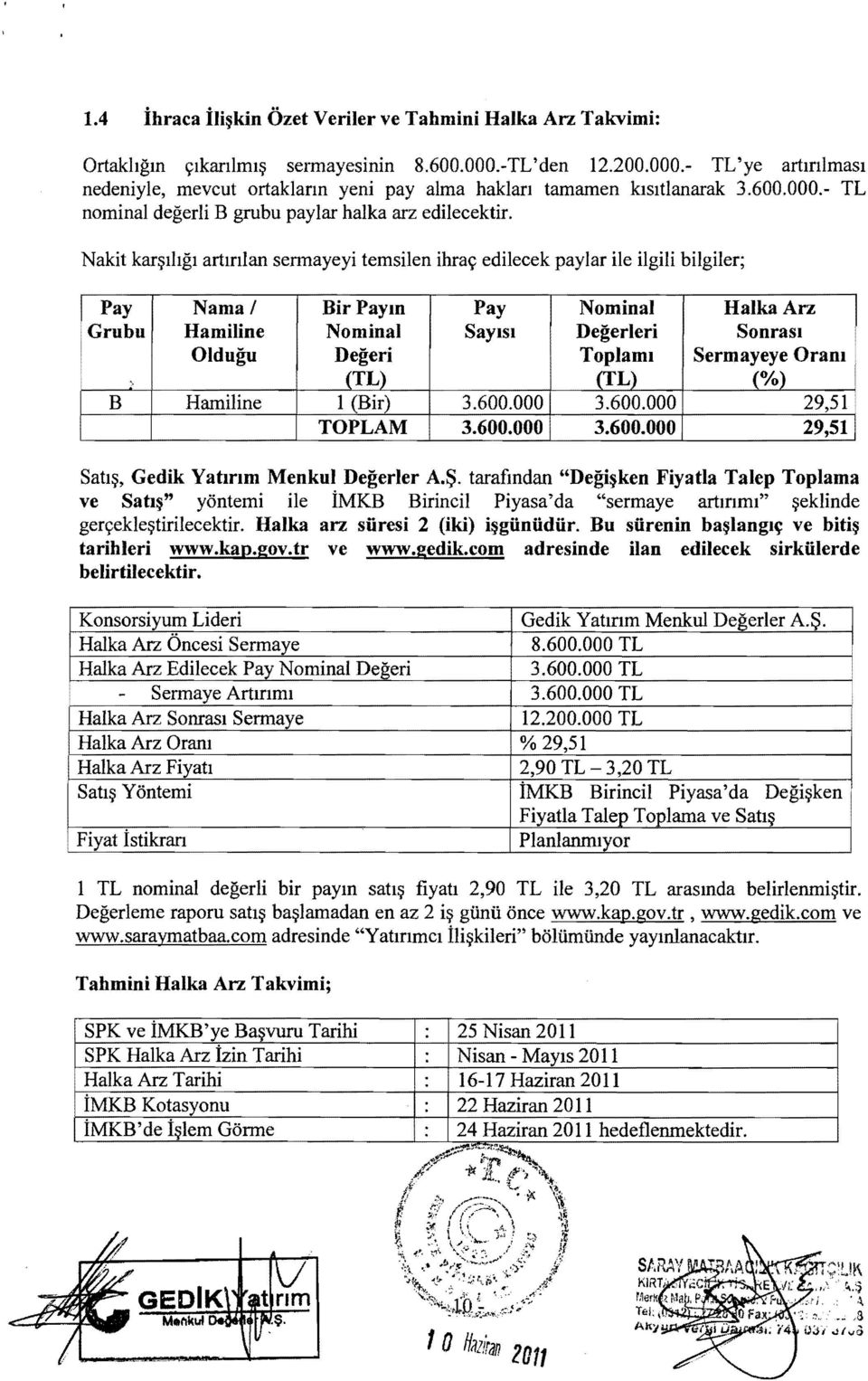 Hamiline Oldugu Bir Paym Nominal Degeri (TL) Pay SaYlsl Nominal Degerleri Toplaml (fl) Halka Arz Sonrasl Sermayeye Oram (%) B Hamiline 1 (Bir) 3.600.000 3.600.000 29,51 TOPLAM 3.600.000 3.600.000 29,511 Sat~, Gedik Yatrm Menkul Degerler A.