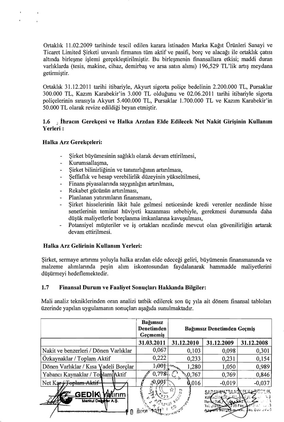 geryekle~tiri1mi~tir. Bu birle~menin finansallara etkisi; maddi duran varhklarda (tesis, makine, cihaz, demirba~ ve arsa satm ahml) 196,529 TL'lik artl~ meydana getinni~tir. Ortakhk 31.12.