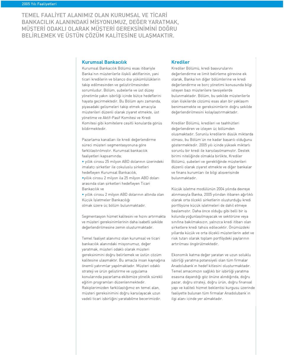 Kurumsal Bankac l k Kurumsal Bankac l k Bölümü esas itibariyle Banka n n müflterilerle iliflkili aktiflerinin, yani ticari kredilerin ve bilanço d fl yükümlülüklerin takip edilmesinden ve