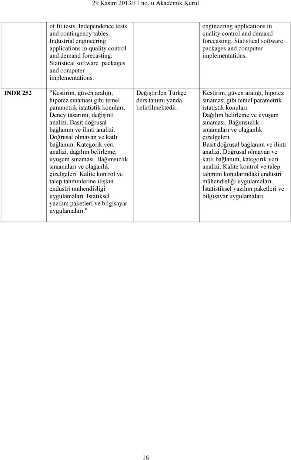 INDR 252 "Kestirim, güven aralığı, hipotez sınaması gibi temel parametrik istatistik konuları. Deney tasarımı, değişinti analizi. Basit doğrusal bağlanım ve ilinti analizi.