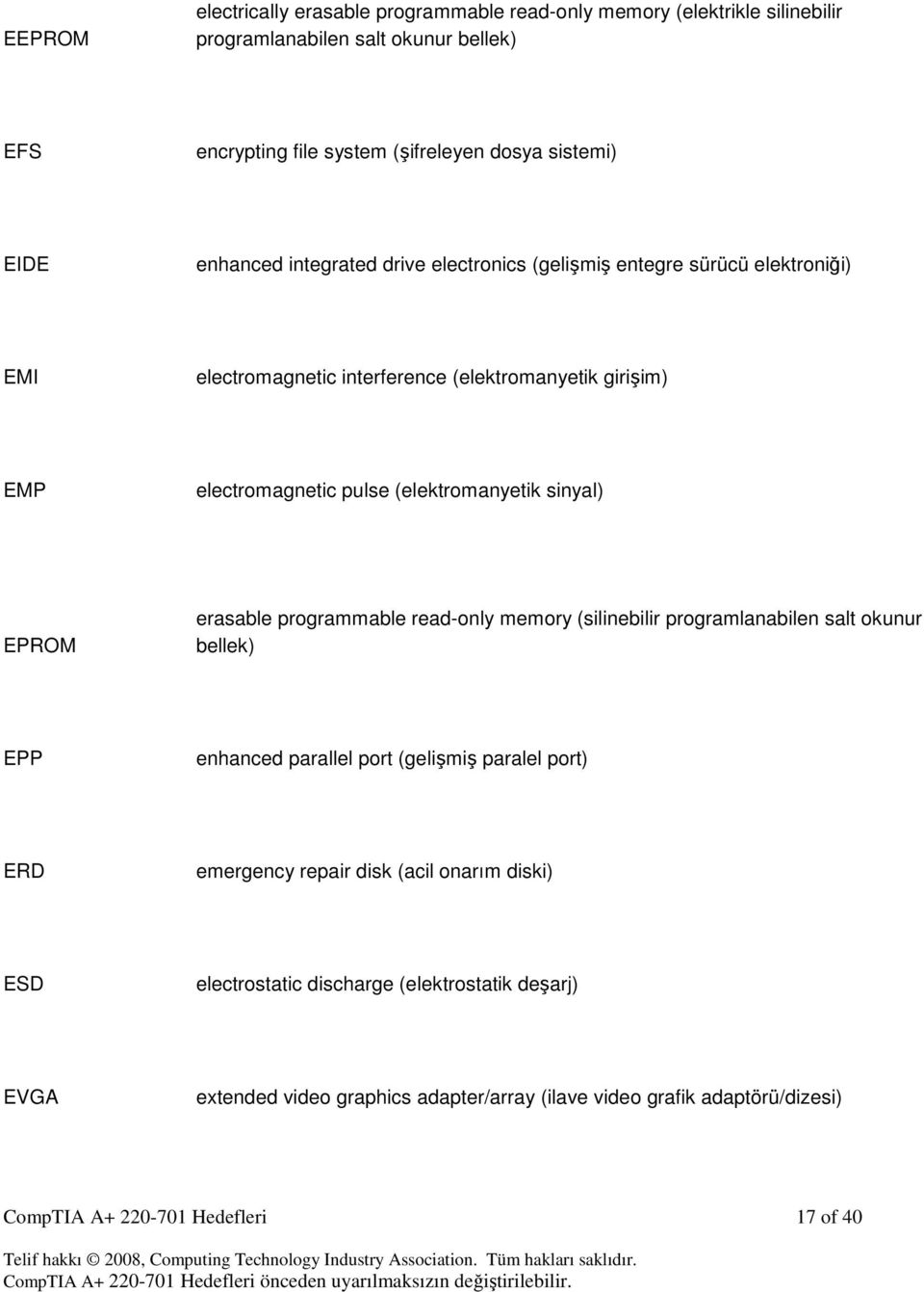 sinyal) EPROM erasable programmable read-only memory (silinebilir programlanabilen salt okunur bellek) EPP enhanced parallel port (gelişmiş paralel port) ERD emergency repair disk