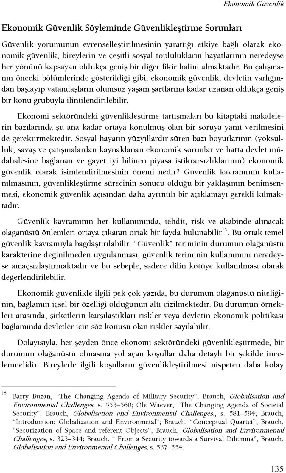 Bu çalışmanın önceki bölümlerinde gösterildişi gibi, ekonomik güvenlik, devletin varlışından başlayıp vatandaşların olumsuz yaşam şartlarına kadar uzanan oldukça geniş bir konu grubuyla