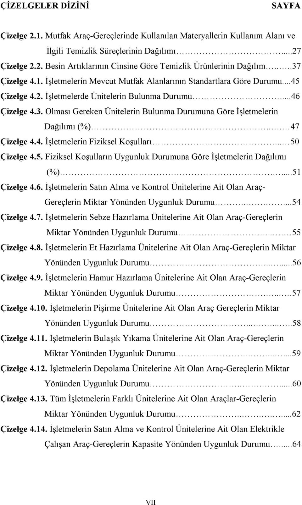 .. 47 Çizelge 4.4. İşletmelerin Fiziksel Koşulları... 50 Çizelge 4.5. Fiziksel Koşulların Uygunluk urumuna Göre İşletmelerin ağılımı (%)....51 Çizelge 4.6.