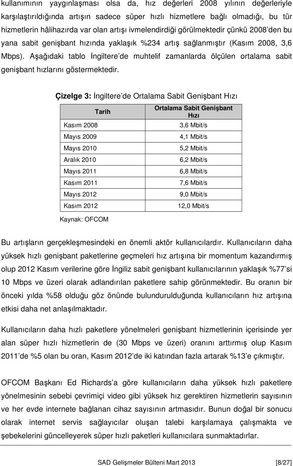 Aşağıdaki tablo İngiltere de muhtelif zamanlarda ölçülen ortalama sabit genişbant hızlarını göstermektedir.