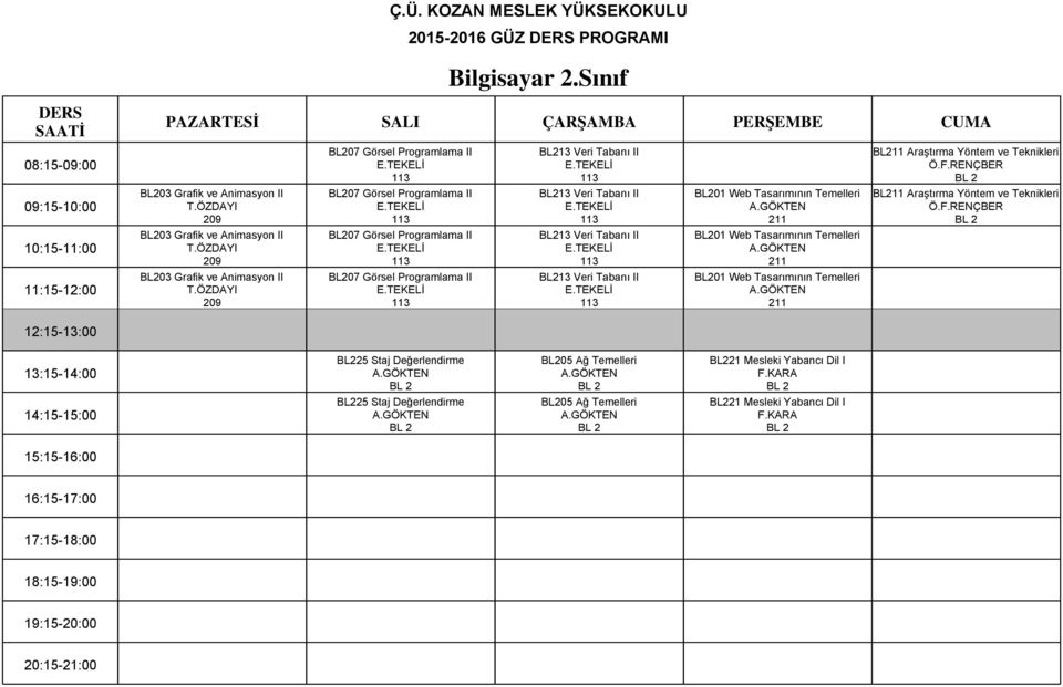 ÖZDAYI BL207 Görsel Programlama II BL213 Veri Tabanı II BL201 Web Tasarımının Temelleri BL203 Grafik ve Animasyon II T.