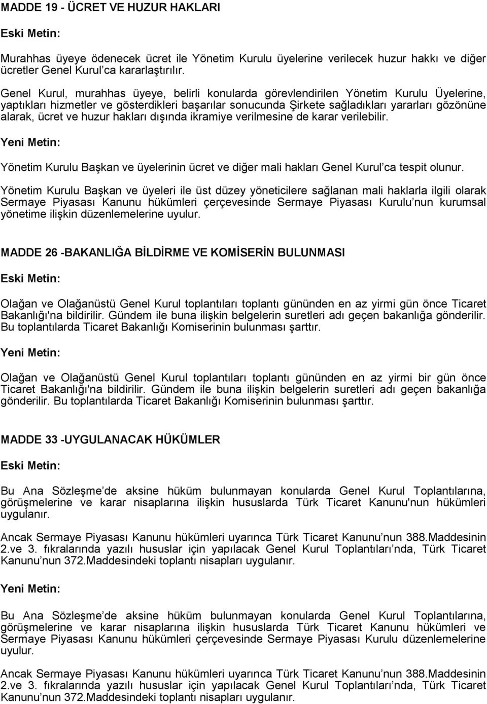 ücret ve huzur hakları dışında ikramiye verilmesine de karar verilebilir. Yeni Metin: Yönetim Kurulu Başkan ve üyelerinin ücret ve diğer mali hakları Genel Kurul ca tespit olunur.