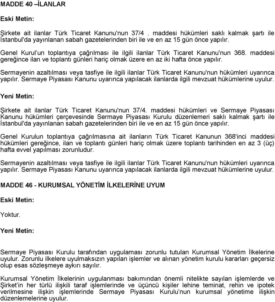 Genel Kurul un toplantıya çağrılması ile ilgili ilanlar Türk Ticaret Kanunu'nun 368. maddesi gereğince ilan ve toplantı günleri hariç olmak üzere en az iki hafta önce yapılır.