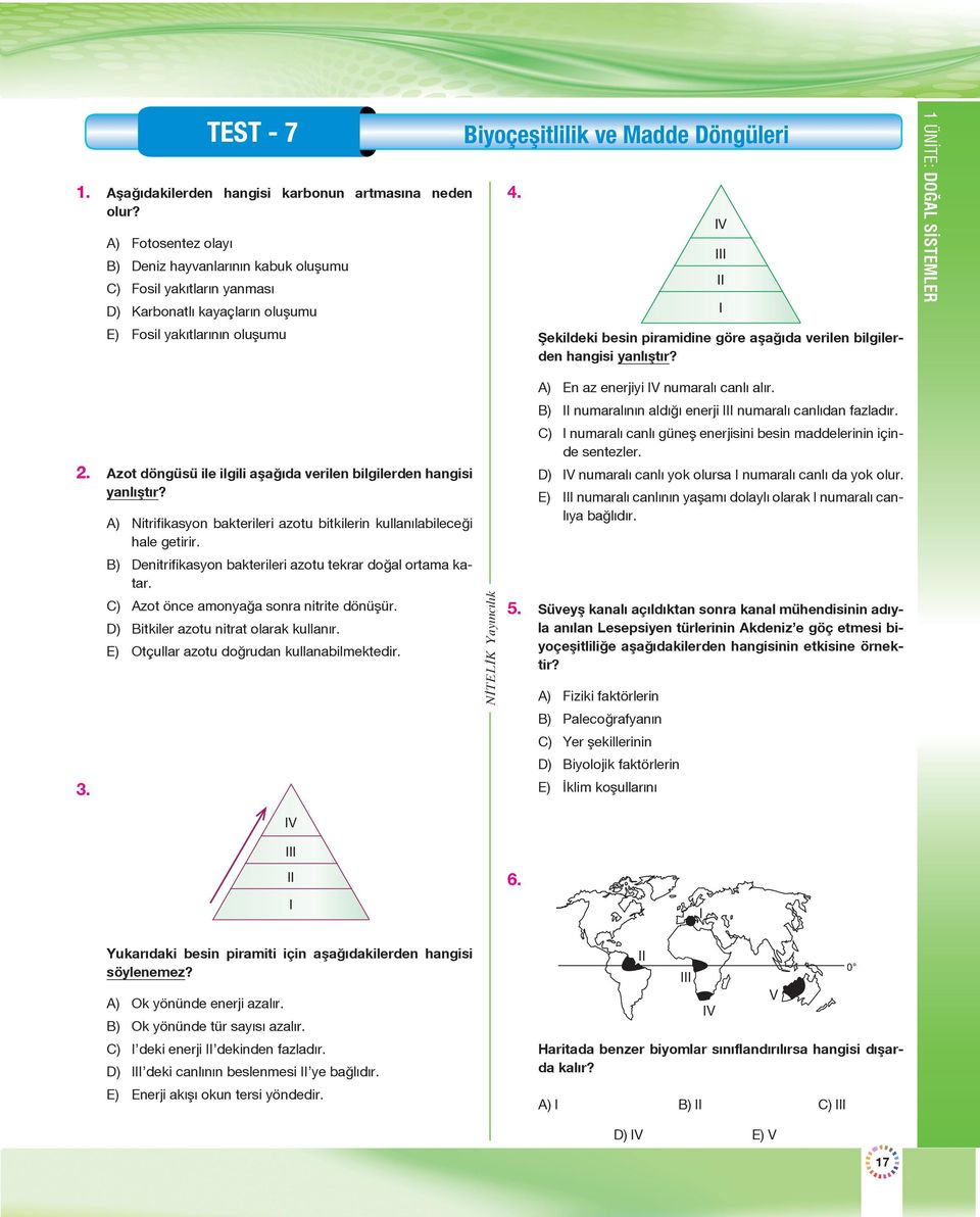V Şekildeki besin piramidine göre aşağıda verilen bilgilerden hangisi yanlıştır? 1 ÜNİTE: DOĞAL SİSTEMLER 2. Azot döngüsü ile ilgili aşağıda verilen bilgilerden hangisi yanlıştır? 3.