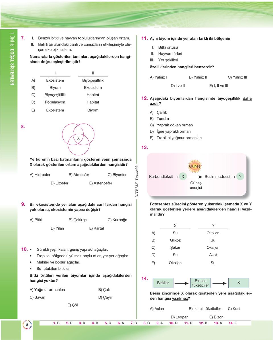 A) Ekosistem Biyoçeşitlilik B) Biyom Ekosistem C) Biyoçeşitlilik Habitat D) Popülasyon Habitat E) Ekosistem Biyom X 11. Aynı biyom içinde yer alan farklı iki bölgenin. Bitki örtüsü. Hayvan türleri.