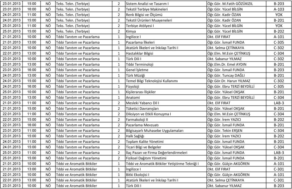 Gör. Yücel BİLGİN YOK 25.01.2013 15:00 NÖ Teks. Tekn. (Terbiye) 2 Kimya Öğr.Gör. Yücel BİLGİN B-202 21.01.2013 10:00 NÖ Tıbbi Tanıtım ve Pazarlama 1 İngilizce I Okt. Elif FIRAT A-101 21.01.2013 13:00 NÖ Tıbbi Tanıtım ve Pazarlama 1 Pazarlama İlkeleri Öğr.