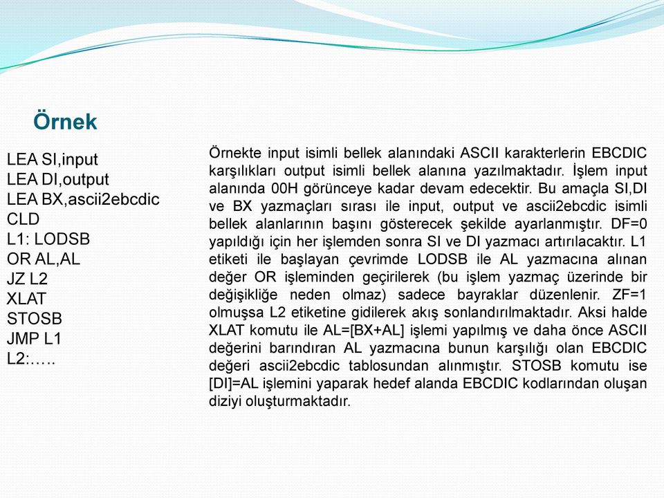 Bu amaçla SI,DI ve BX yazmaçları sırası ile input, output ve ascii2ebcdic isimli bellek alanlarının baģını gösterecek Ģekilde ayarlanmıģtır.