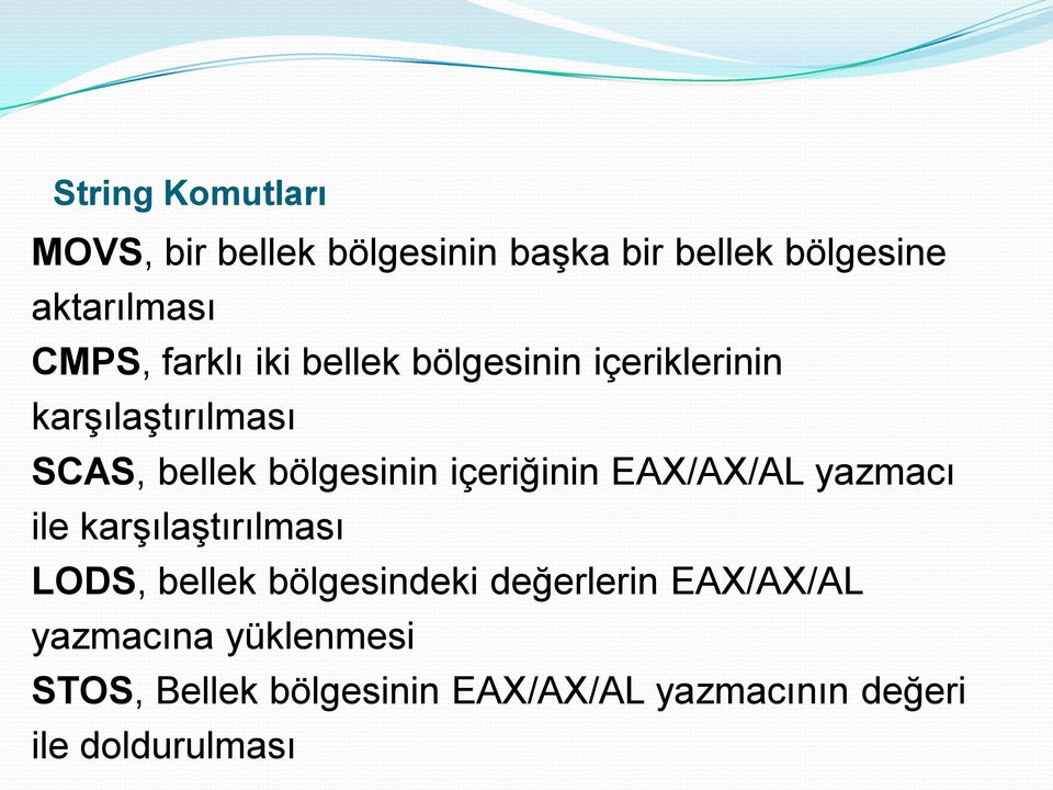 içeriğinin EAX/AX/AL yazmacı ile karģılaģtırılması LODS, bellek bölgesindeki değerlerin