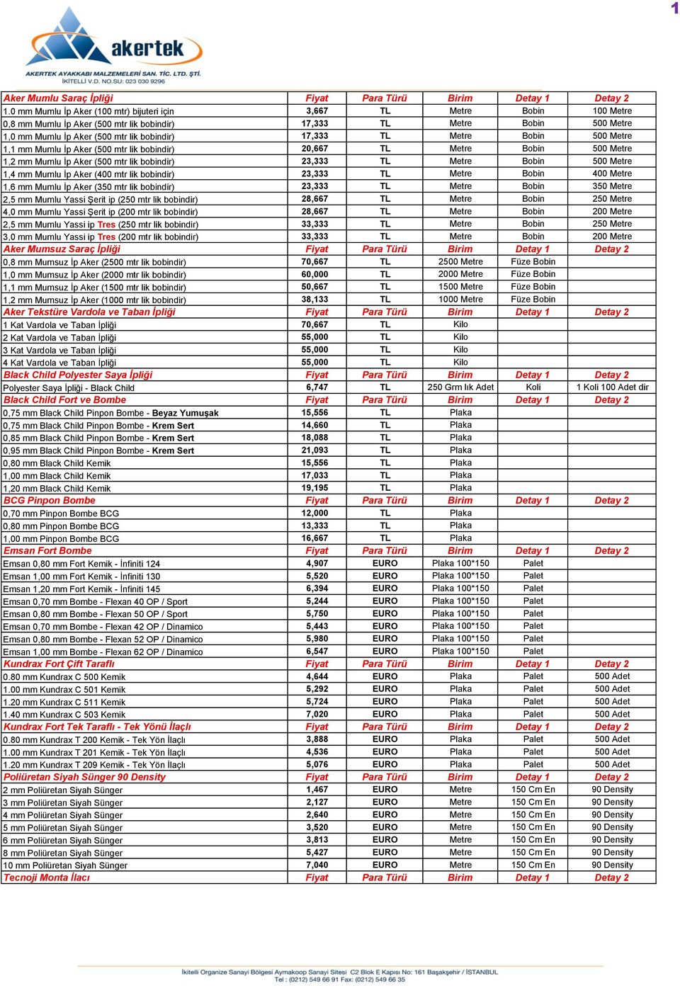 17,333 TL Metre Bobin 500 Metre 1,1 mm Mumlu İp Aker (500 mtr lik bobindir) 20,667 TL Metre Bobin 500 Metre 1,2 mm Mumlu İp Aker (500 mtr lik bobindir) 23,333 TL Metre Bobin 500 Metre 1,4 mm Mumlu İp