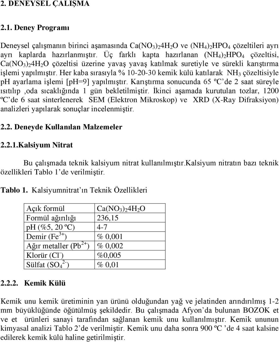 Her kaba sırasıyla % 10-20-30 kemik külü katılarak NH 3 çözeltisiyle ph ayarlama işlemi [ph=9] yapılmıştır. Karıştırma sonucunda 65 ºC de 2 saat süreyle ısıtılıp,oda sıcaklığında 1 gün bekletilmiştir.