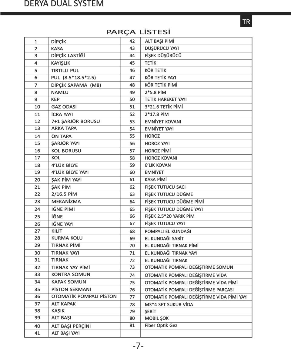 8 PİM EMNİYET KOVANI EMNİYET YAYI HOROZ HOROZ YAYI HOROZ PİMİ HOROZ KOVANI 6 LIK KOVAN EMNİYET KASA PİMİ 62 63 FİŞEK TUTUCU SACI FİŞEK TUTUCU DÜĞME MEKANİZMA 64 FİŞEK TUTUCU DÜĞME PİMİ 24 İĞNE PİMİ