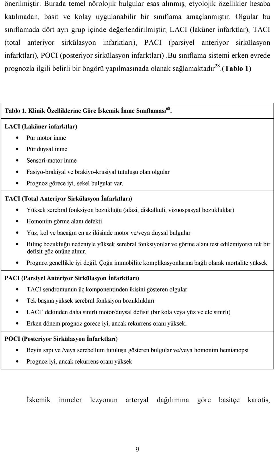 (posteriyor sirkülasyon infarktları).bu sınıflama sistemi erken evrede prognozla ilgili belirli bir öngörü yapılmasınada olanak sağlamaktadır 28.(Tablo 1) Tablo 1.