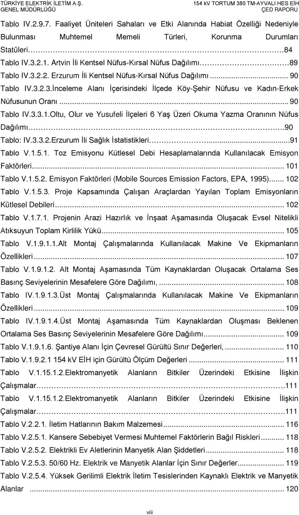 .. 90 Tablo IV.3.3.1.Oltu, Olur ve Yusufeli İlçeleri 6 Yaş Üzeri Okuma Yazma Oranının Nüfus Dağılımı.90 Tablo: IV.3.3.2.Erzurum İli Sağlık İstatistikleri...91 Tablo V.1.5.1. Toz Emisyonu Kütlesel Debi Hesaplamalarında Kullanılacak Emisyon Faktörleri.