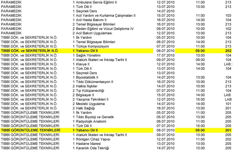 ve SEKRETERLİK N.Ö. 1 İlk Yardım 05.07.2010 10:00 104 TIBBİ DÖK. ve SEKRETERLİK N.Ö. 1Temel Bilgisayar Bilimleri 06.07.2010 14:00 213 TIBBİ DÖK. ve SEKRETERLİK N.Ö. 1Türkçe Kompozisyon 07.07.2010 11:00 213 TIBBİ DÖK.