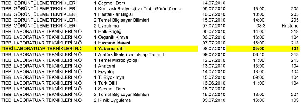 07.2010 14:00 213 TIBBİ LABORATUAR TEKNİKLERİ N.Ö. 1Organik Kimya 06.07.2010 16:00 104 TIBBİ LABORATUAR TEKNİKLERİ N.Ö. 1Hastane İdaresi 07.07.2010 16:00 213 TIBBİ LABORATUAR TEKNİKLERİ N.Ö. 1Yabancı dil II 08.