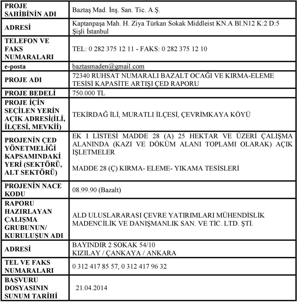 A Bl.N12 K:2 D:5 Şişli İstanbul TEL: 0 282 375 12 11 - FAKS: 0 282 375 12 10 baztasmaden@gmail.com 72340 RUHSAT NUMARALI BAZALT OCAĞI VE KIRMA-ELEME TESİSİ 750.