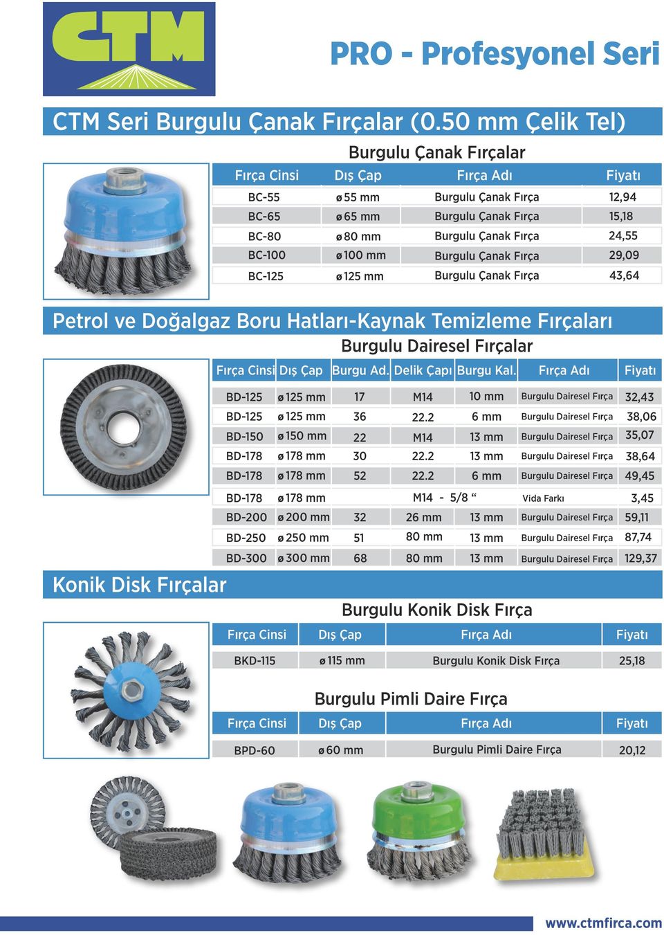 29,09 43,64 Petrol ve Doğalgaz Boru Hatları-Kaynak Temizleme Fırçaları Konik Disk Fırçalar Burgu Ad.