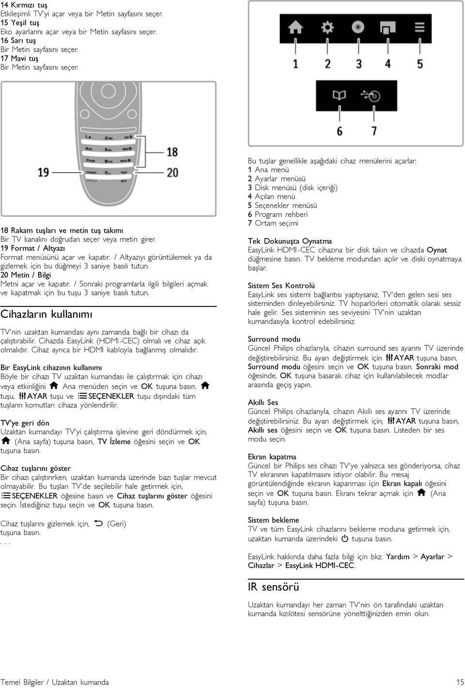 / Altyazıyı görüntülemek ya da gizlemek için bu dü"meyi 3 saniye basılı tutun. 20 Metin / Bilgi Metni açar ve kapatır. / Sonraki programlarla ilgili bilgileri açmak ve kapatmak için bu tu!