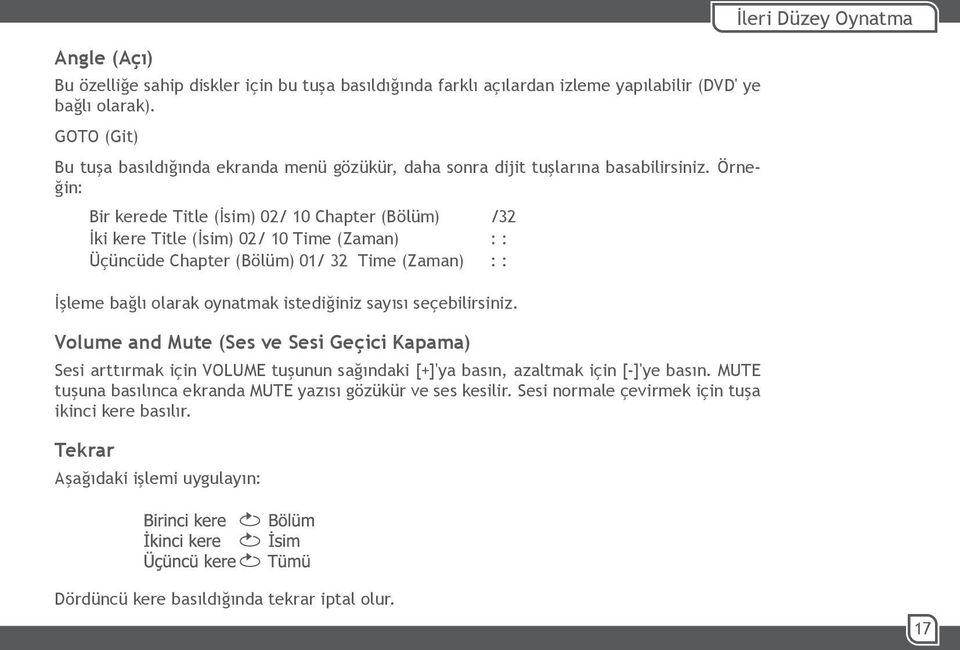 Örneğin: Bir kerede Title (İsim) 02/ 10 Chapter (Bölüm) /32 İki kere Title (İsim) 02/ 10 Time (Zaman) : : Üçüncüde Chapter (Bölüm) 01/ 32 Time (Zaman) : : İşleme bağlı olarak oynatmak istediğiniz