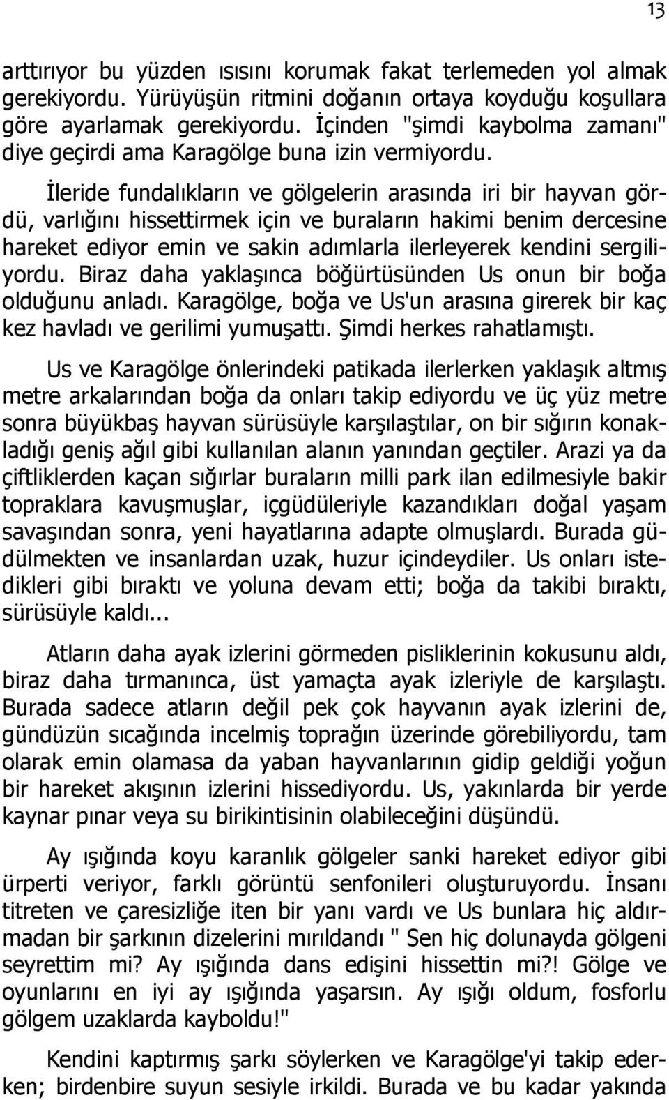 İleride fundalıkların ve gölgelerin arasında iri bir hayvan gördü, varlığını hissettirmek için ve buraların hakimi benim dercesine hareket ediyor emin ve sakin adımlarla ilerleyerek kendini